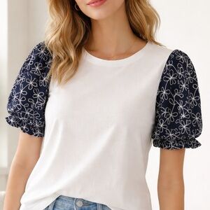 Tommy Hilfiger White Top Navy Embroidered Puff Sleeve M